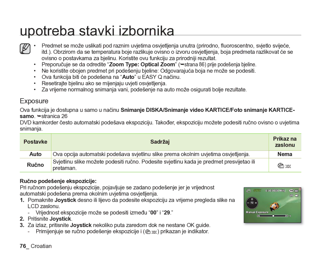 Samsung VP-DX205/EDC manual Exposure, Zaslonu, Ručno, Postavke, Prikaz na 