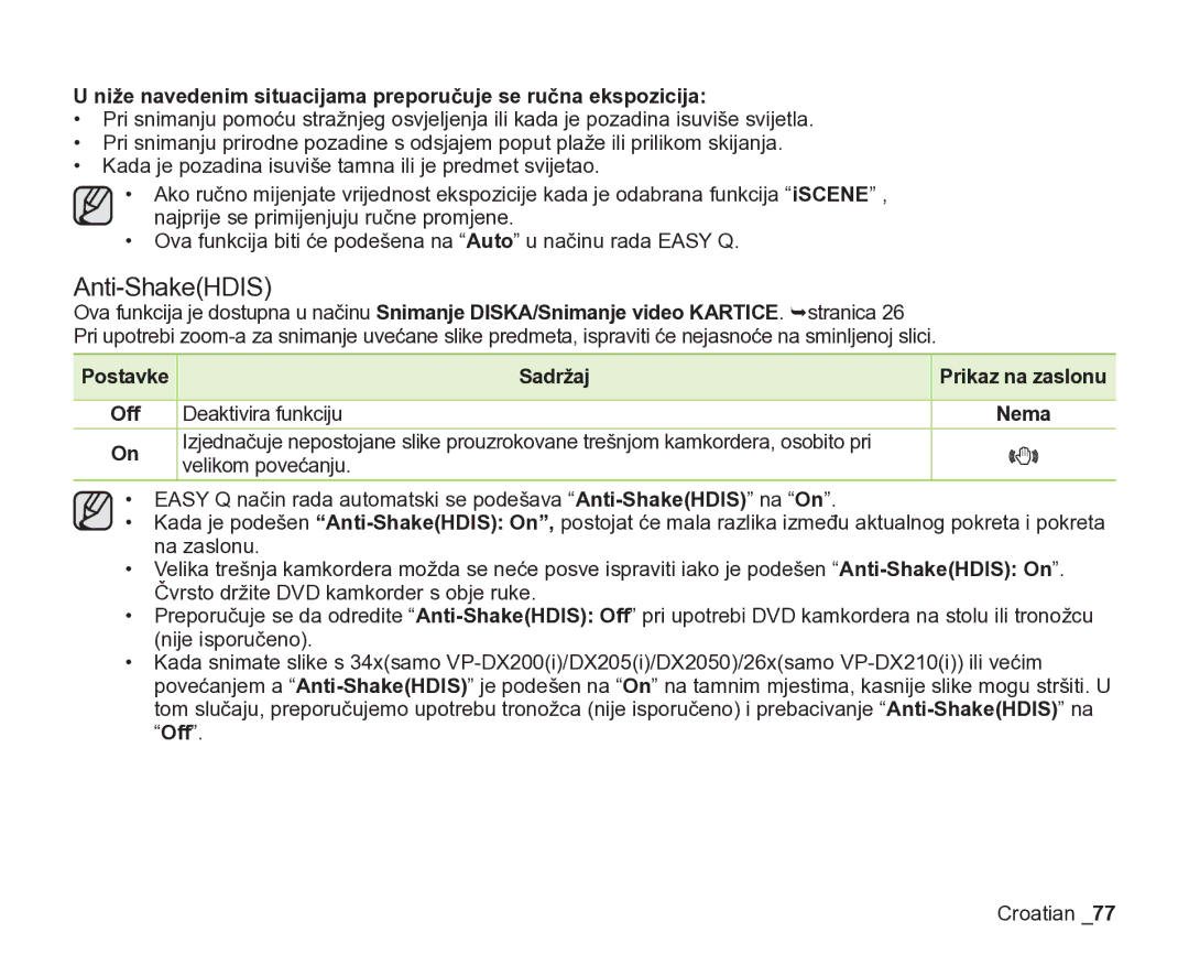 Samsung VP-DX205/EDC Anti-ShakeHDIS, Niže navedenim situacijama preporučuje se ručna ekspozicija, Deaktivira funkciju, Off 