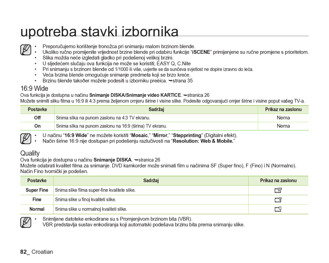 Samsung VP-DX205/EDC manual Wide, Quality, Postavke Sadržaj Prikaz na zaslonu 