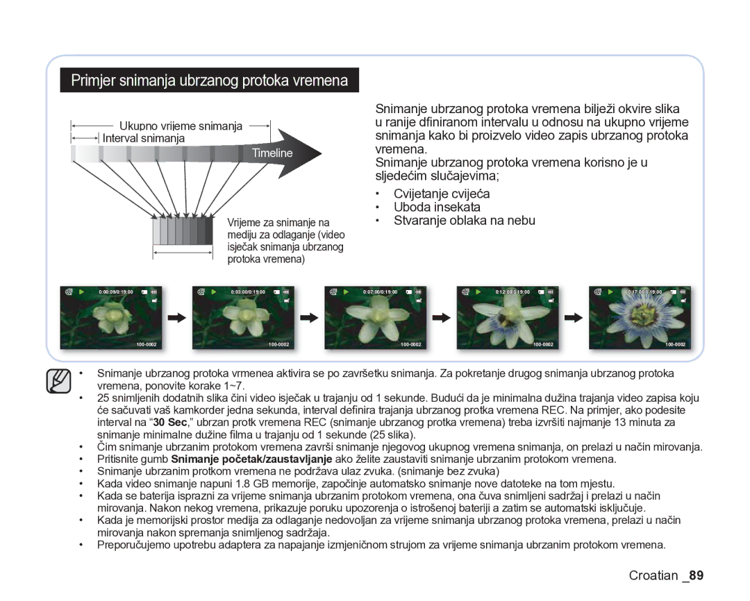 Samsung VP-DX205/EDC manual Primjer snimanja ubrzanog protoka vremena, Ukupno vrijeme snimanja Interval snimanja 