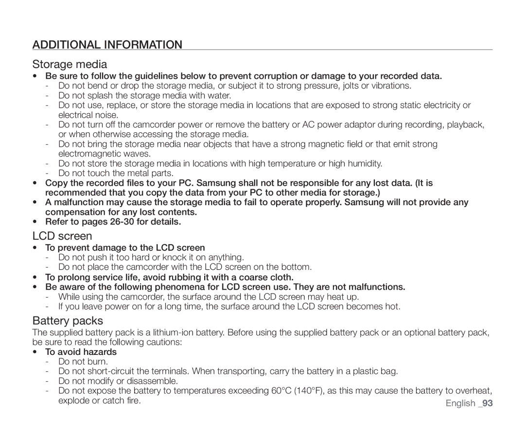 Samsung VP-HMX10N, VP-HMX10C Additional Information, Storage media, LCD screen, Battery packs, Explode or catch fire 
