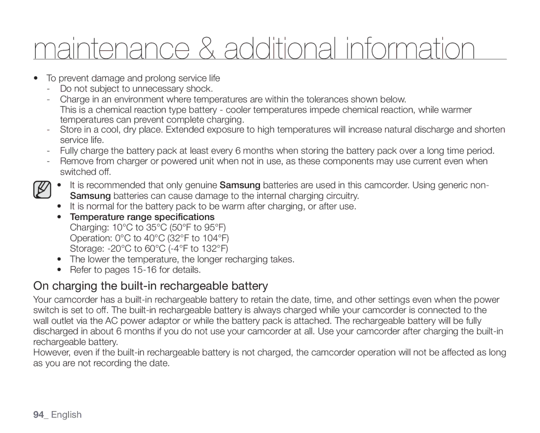 Samsung VP-HMX10ED, VP-HMX10CN, VP-HMX10A, VP-HMX10N user manual On charging the built-in rechargeable battery 