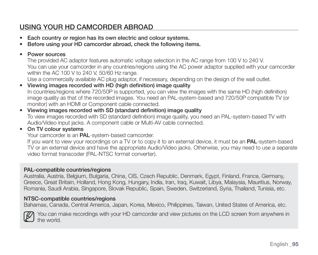 Samsung VP-HMX10ED, VP-HMX10CN, VP-HMX10A, VP-HMX10N user manual Using Your HD Camcorder Abroad 