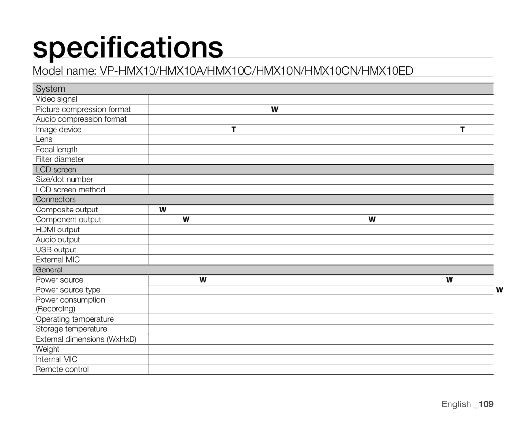 Samsung VP-HMX10C, VP-HMX10ED Specifications, Model name VP-HMX10/HMX10A/HMX10C/HMX10N/HMX10CN/HMX10ED, System 