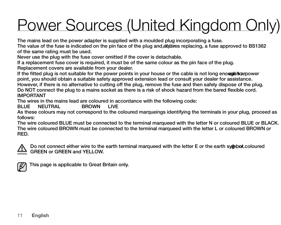 Samsung VP-HMX10A, VP-HMX10ED, VP-HMX10CN, VP-HMX10N user manual Power Sources United Kingdom Only 