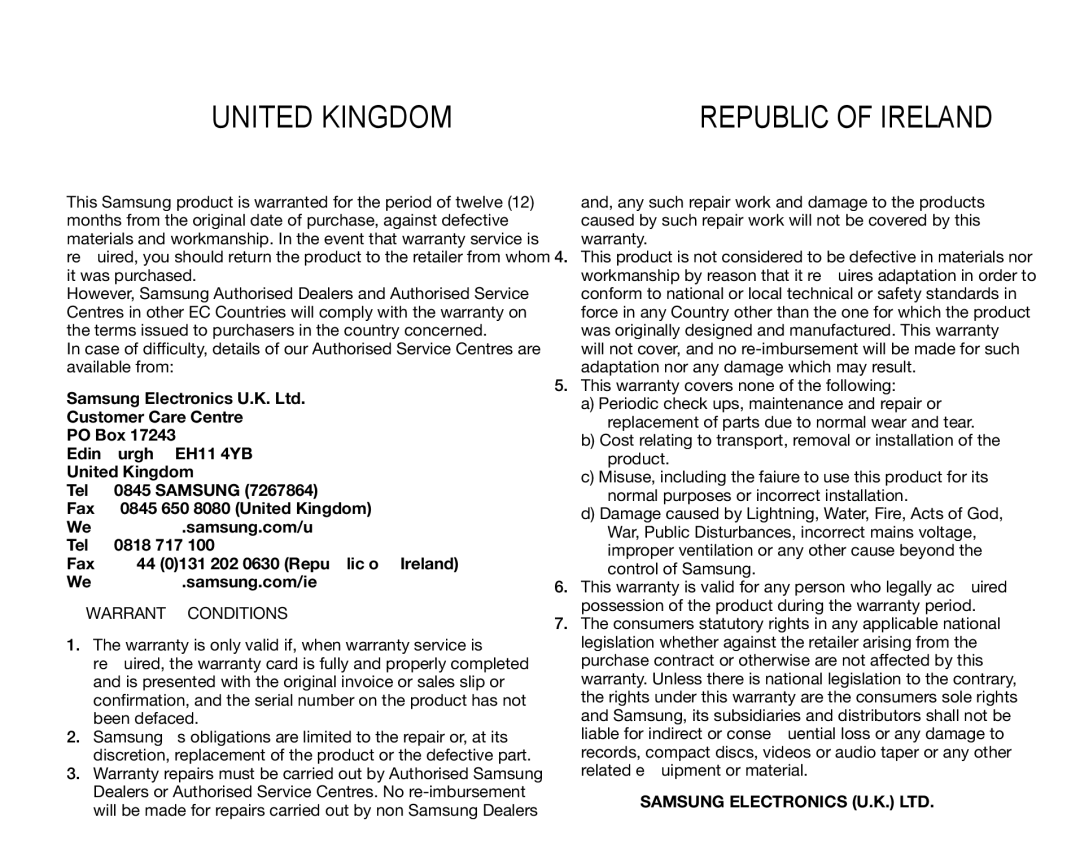 Samsung VP-HMX10N, VP-HMX10ED, VP-HMX10CN, VP-HMX10A user manual United Kingdom 