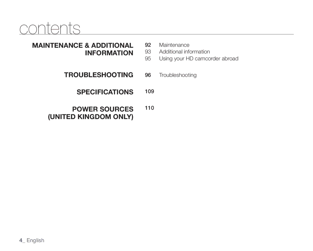 Samsung VP-HMX10ED, VP-HMX10CN, VP-HMX10A, VP-HMX10N user manual Contents 