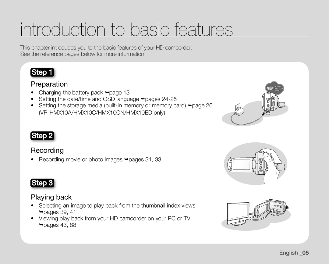 Samsung VP-HMX10ED, VP-HMX10CN, VP-HMX10A, VP-HMX10N Introduction to basic features, Preparation, Recording, Playing back 