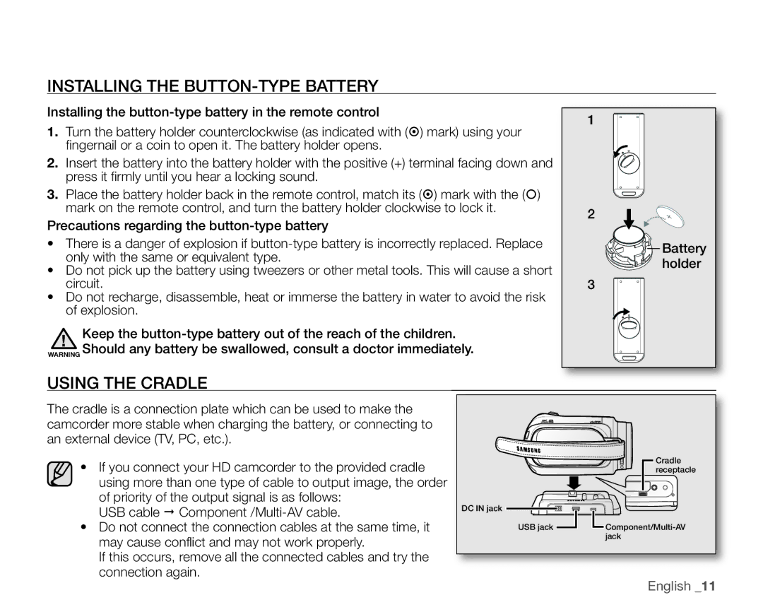 Samsung VP-HMX10ED, VP-HMX10CN, VP-HMX10A, VP-HMX10N user manual Installing the BUTTON-TYPE Battery, Using the Cradle 