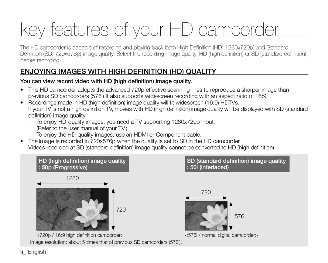 Samsung VP-HMX10CN Key features of your HD camcorder, Enjoying Images with High Definition HD Quality, 1280 720 576 