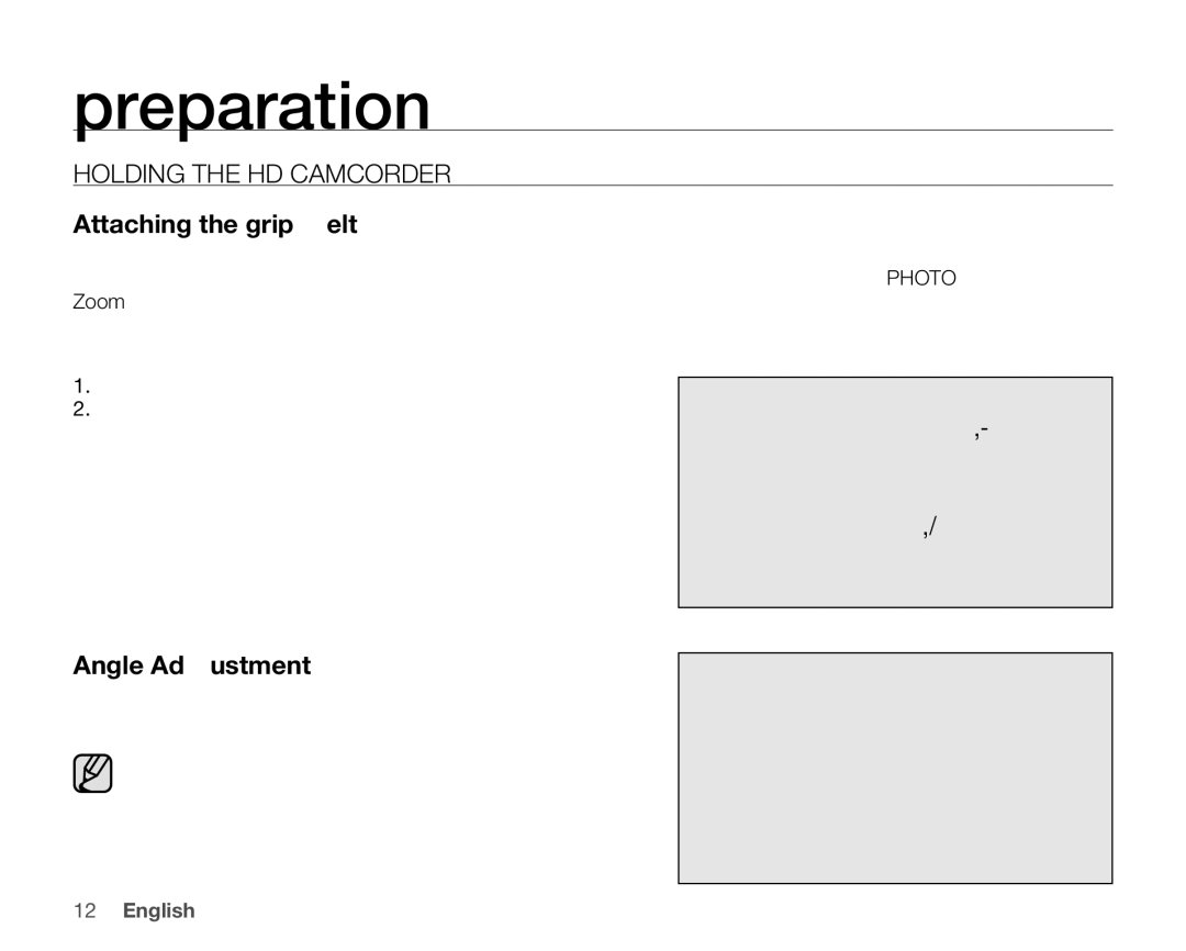 Samsung VP-HMX10CN, VP-HMX10ED, VP-HMX10A, VP-HMX10N Holding the HD Camcorder, Attaching the grip belt, Angle Adjustment 