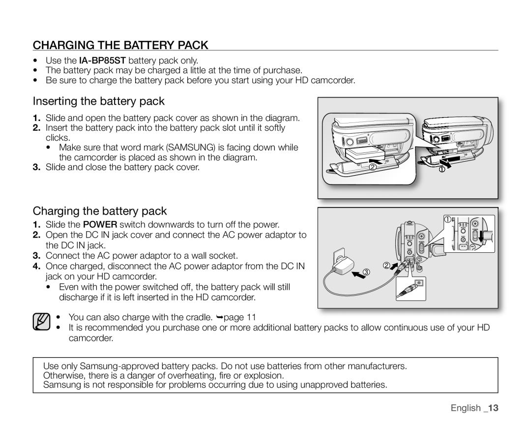 Samsung VP-HMX10C, VP-HMX10ED Charging the Battery Pack, Inserting the battery pack, Charging the battery pack 