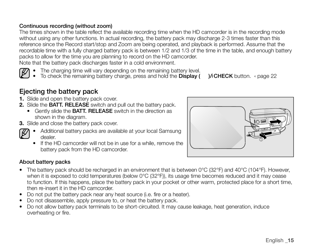 Samsung VP-HMX10N, VP-HMX10ED, VP-HMX10CN, VP-HMX10A user manual Ejecting the battery pack 