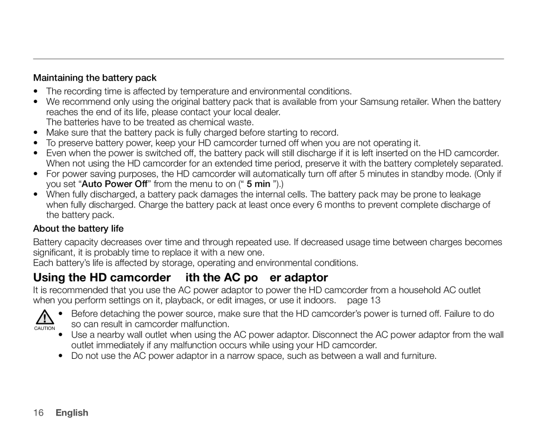 Samsung VP-HMX10ED, VP-HMX10CN, VP-HMX10A, VP-HMX10N user manual Using the HD camcorder with the AC power adaptor 