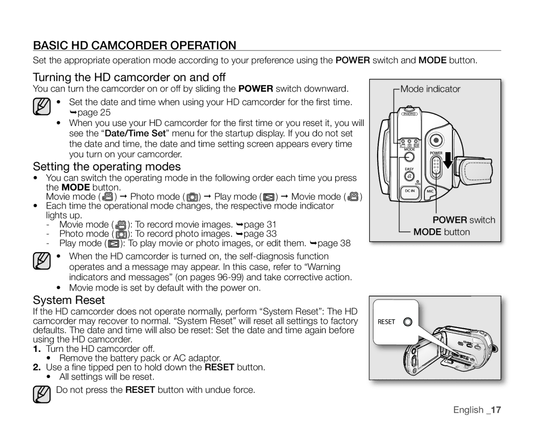 Samsung VP-HMX10ED Basic HD Camcorder Operation, Turning the HD camcorder on and off, Setting the operating modes 