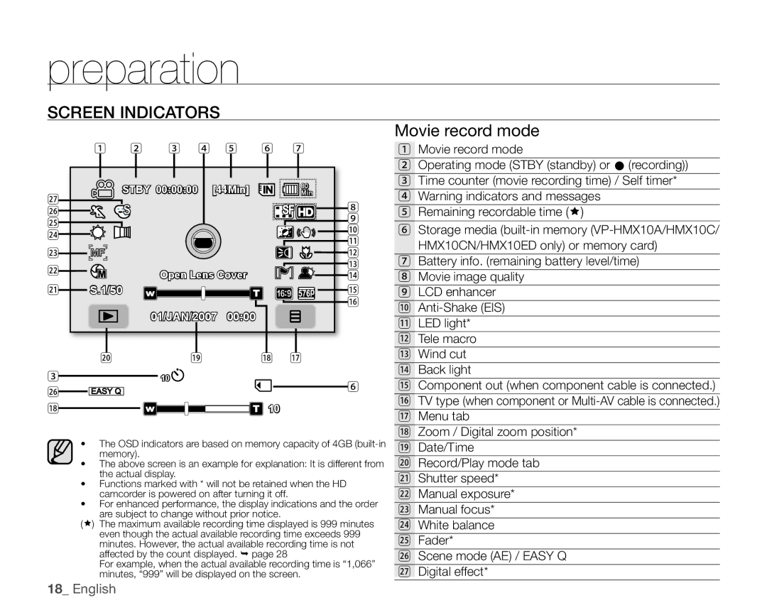 Samsung VP-HMX10CN, VP-HMX10ED, VP-HMX10A, VP-HMX10N user manual Screen Indicators, Movie record mode 