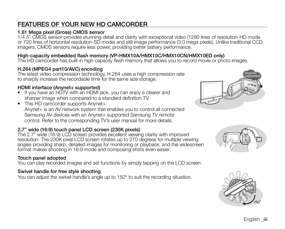 Samsung VP-HMX10ED, VP-HMX10CN, VP-HMX10A, VP-HMX10N user manual Features of Your NEW HD Camcorder 