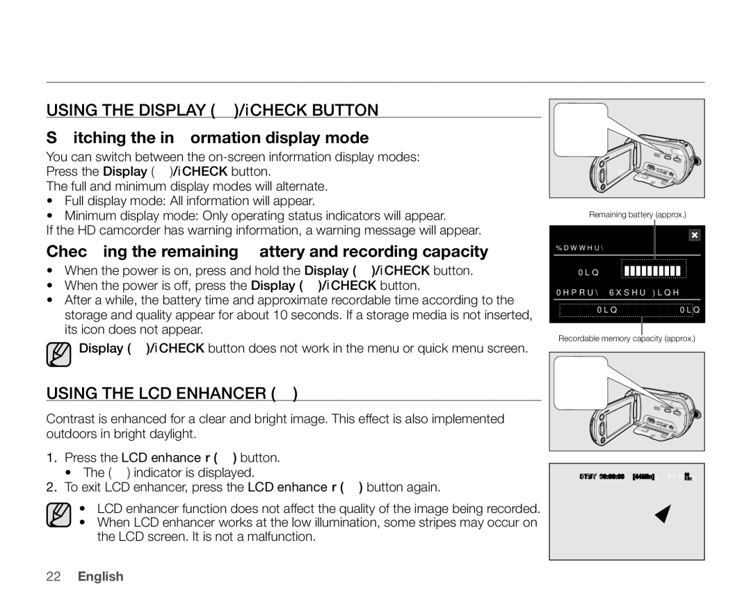Samsung VP-HMX10ED, VP-HMX10CN, VP-HMX10A Checking the remaining battery and recording capacity, Using the LCD Enhancer 