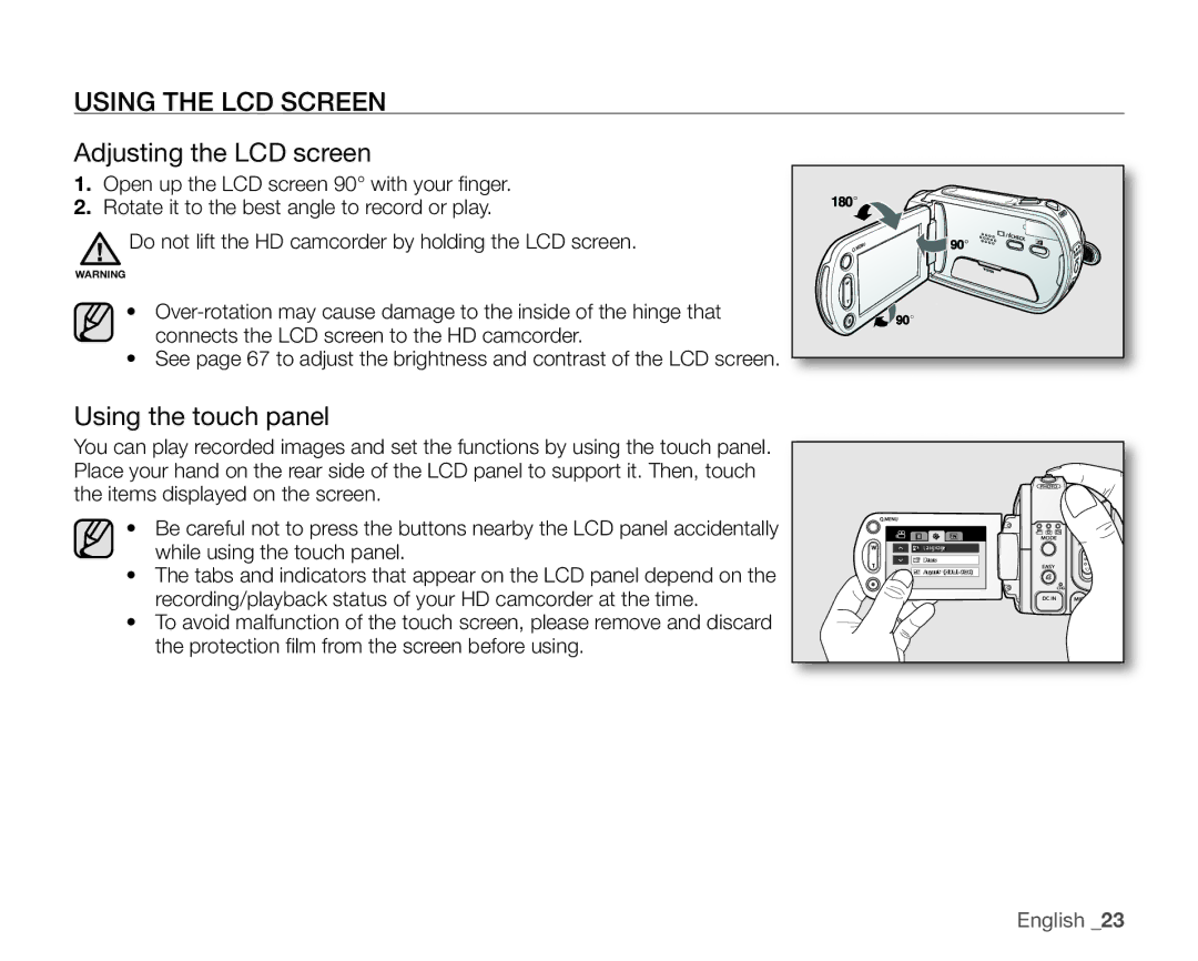 Samsung VP-HMX10ED, VP-HMX10CN, VP-HMX10A Using the LCD Screen, Adjusting the LCD screen, Using the touch panel 