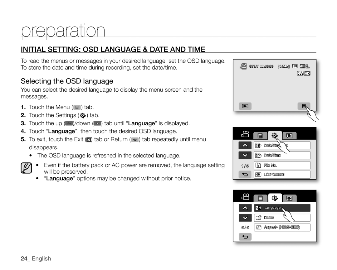 Samsung VP-HMX10CN, VP-HMX10ED, VP-HMX10A Initial Setting OSD Language & Date and Time, Selecting the OSD language 