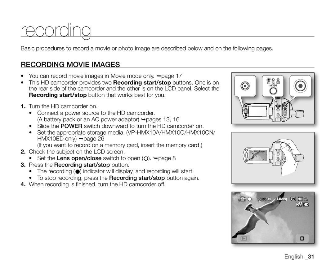 Samsung VP-HMX10ED, VP-HMX10CN, VP-HMX10A, VP-HMX10N user manual Recording Movie Images 