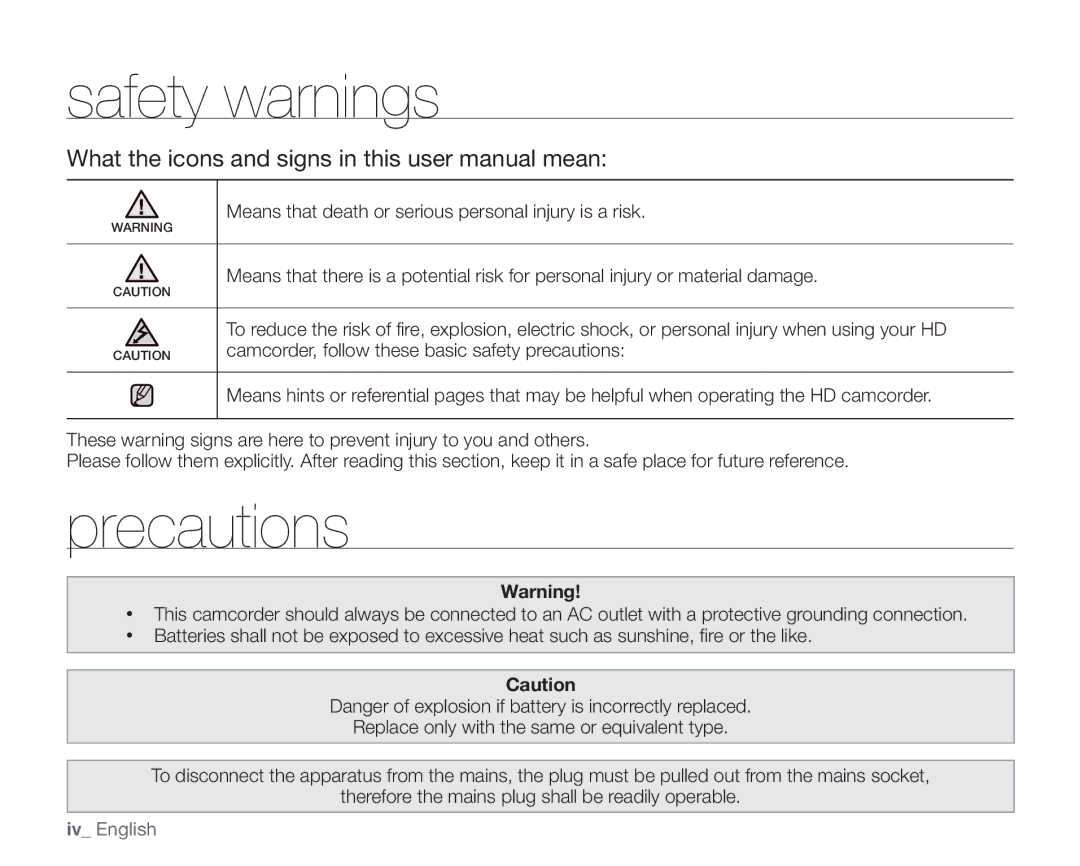 Samsung VP-HMX10A, VP-HMX10C, VP-HMX10ED Safety warnings, Precautions, Camcorder, follow these basic safety precautions 