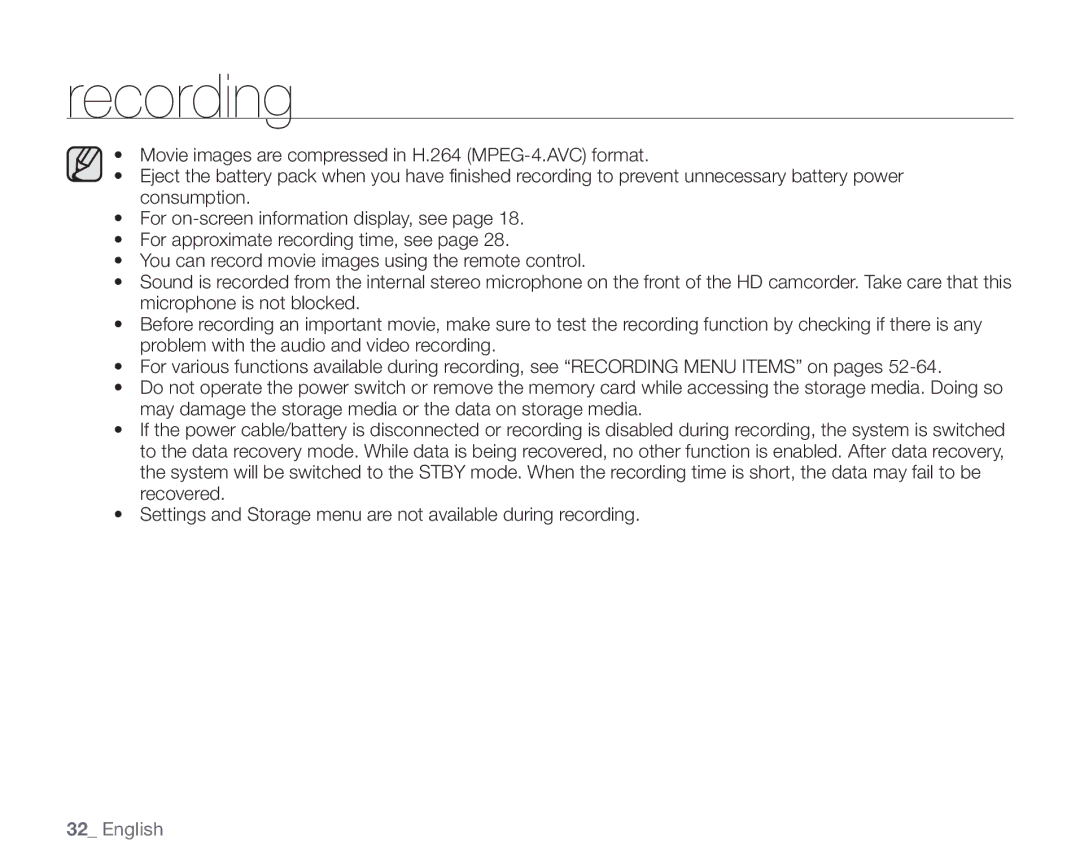 Samsung VP-HMX10A, VP-HMX10ED, VP-HMX10CN, VP-HMX10N user manual Recording 