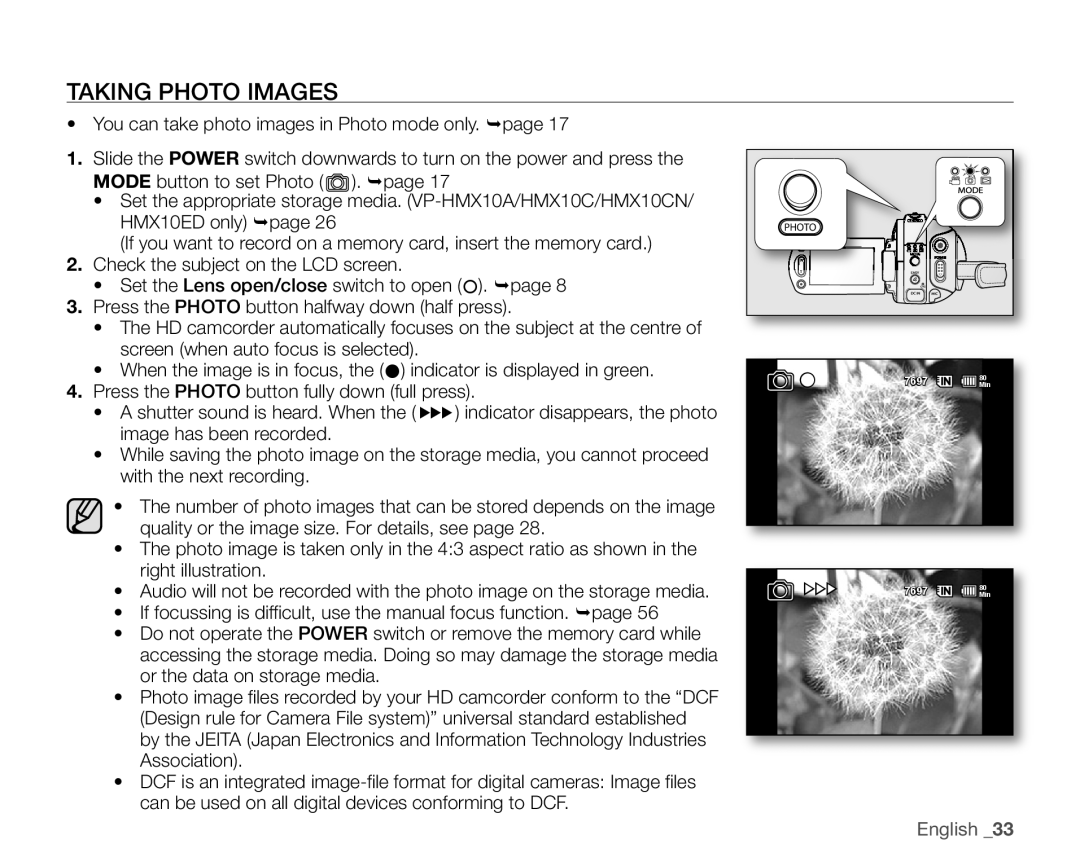 Samsung VP-HMX10N, VP-HMX10ED, VP-HMX10CN, VP-HMX10A user manual Taking Photo Images 