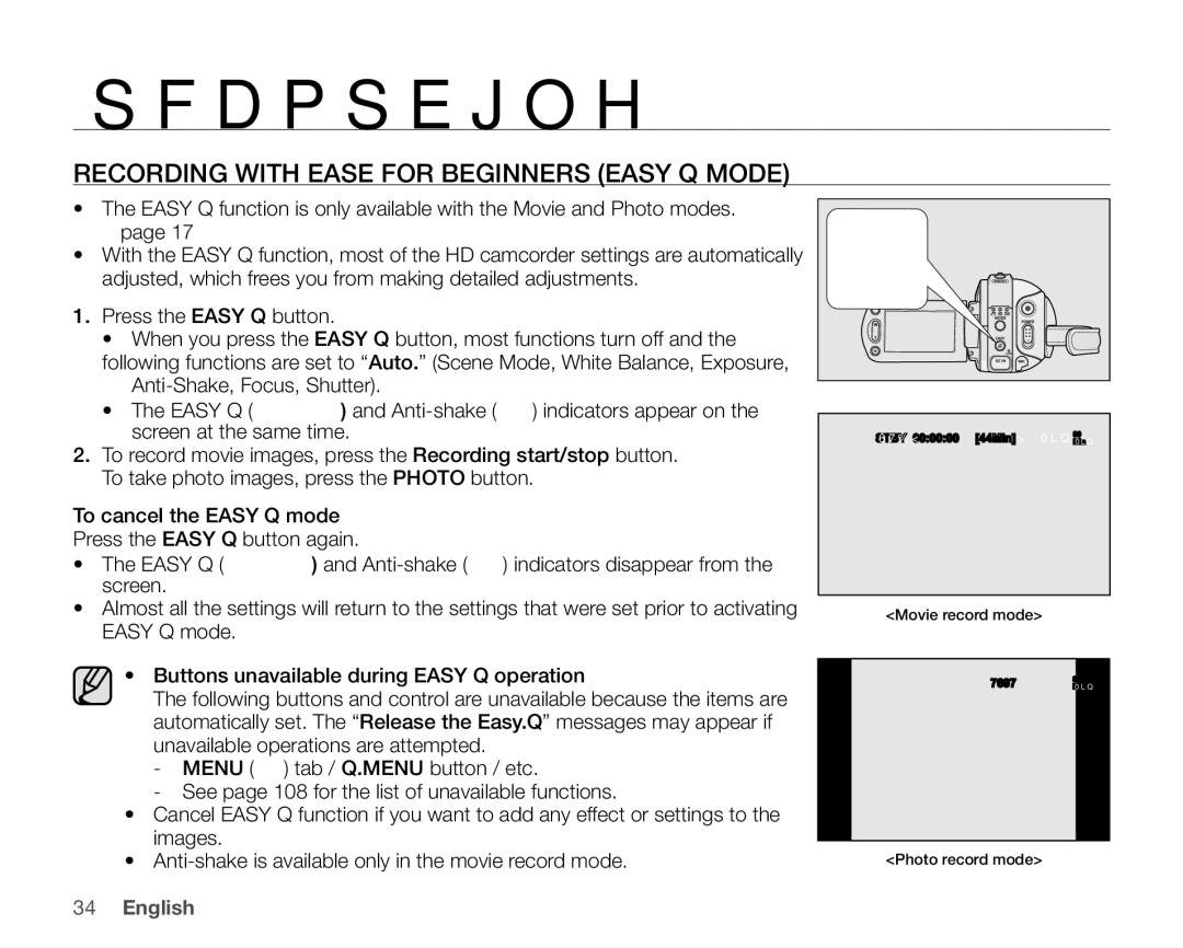 Samsung VP-HMX10ED, VP-HMX10CN, VP-HMX10A, VP-HMX10N user manual Recording with Ease for Beginners Easy Q Mode 