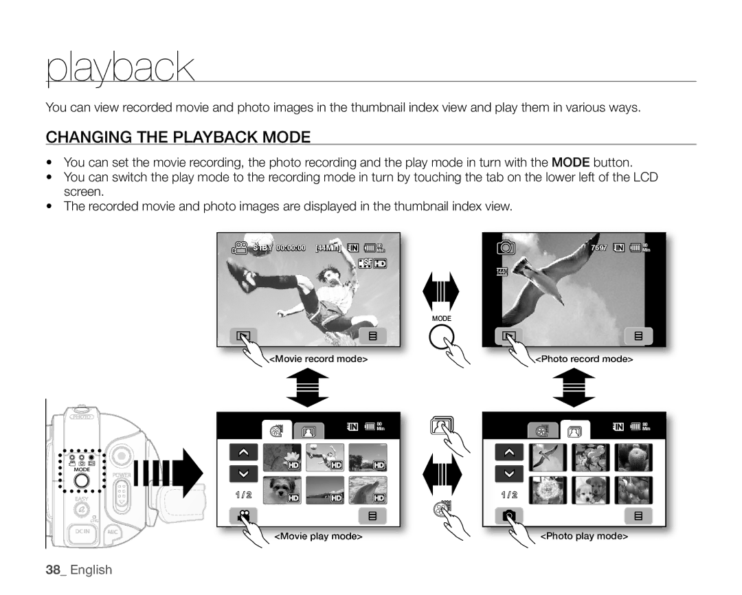 Samsung VP-HMX10A, VP-HMX10ED, VP-HMX10CN, VP-HMX10N user manual Changing the Playback Mode 