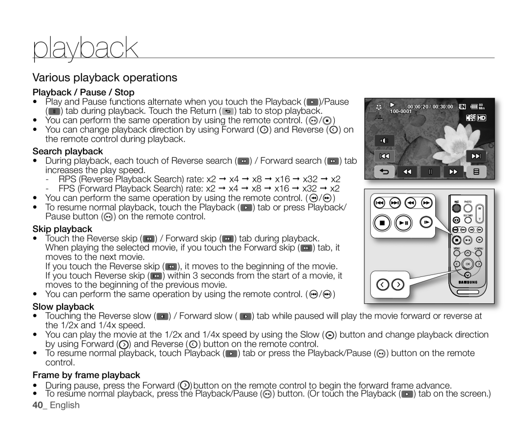 Samsung VP-HMX10ED, VP-HMX10CN, VP-HMX10A, VP-HMX10N user manual Various playback operations, Playback / Pause / Stop 