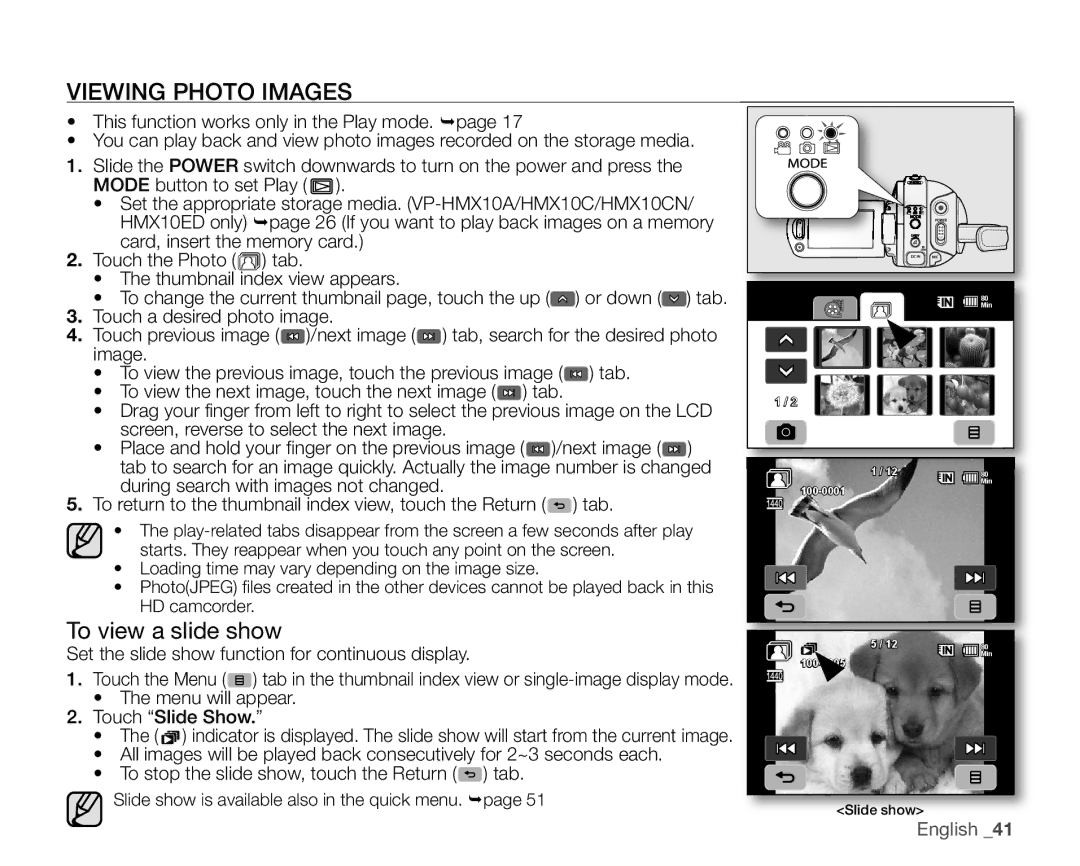 Samsung VP-HMX10ED Viewing Photo Images, To view a slide show, Set the slide show function for continuous display 