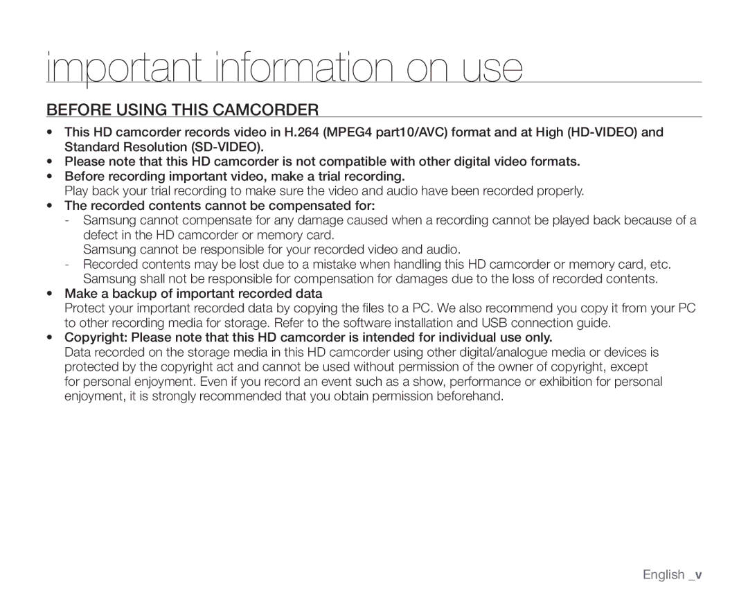 Samsung VP-HMX10N, VP-HMX10ED, VP-HMX10CN, VP-HMX10A user manual Important information on use, Before Using this Camcorder 