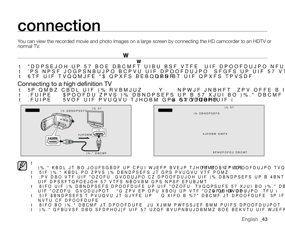 Samsung VP-HMX10ED, VP-HMX10CN, VP-HMX10A Connection, Connecting to a TV, Connecting to a high definition TV 