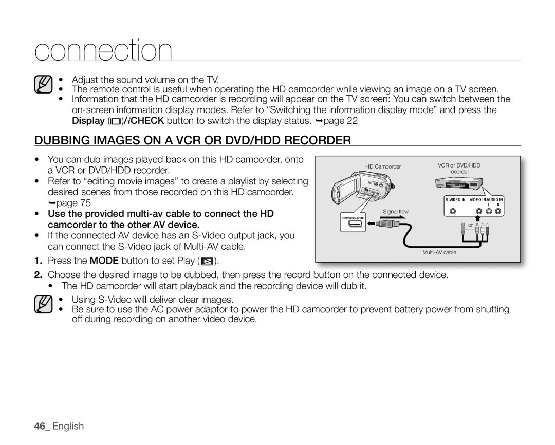 Samsung VP-HMX10C Dubbing Images on a VCR or DVD/HDD Recorder, You can dub images played back on this HD camcorder, onto 