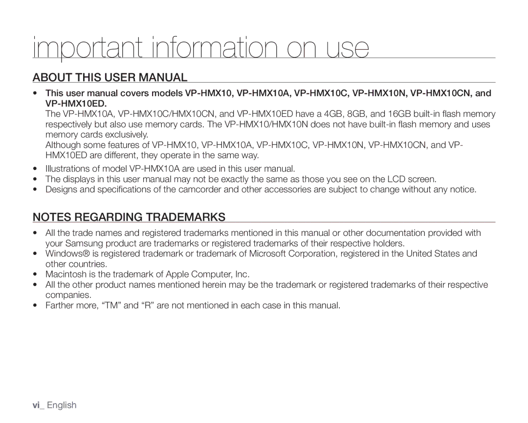 Samsung VP-HMX10ED, VP-HMX10CN, VP-HMX10A, VP-HMX10N user manual Vi English 