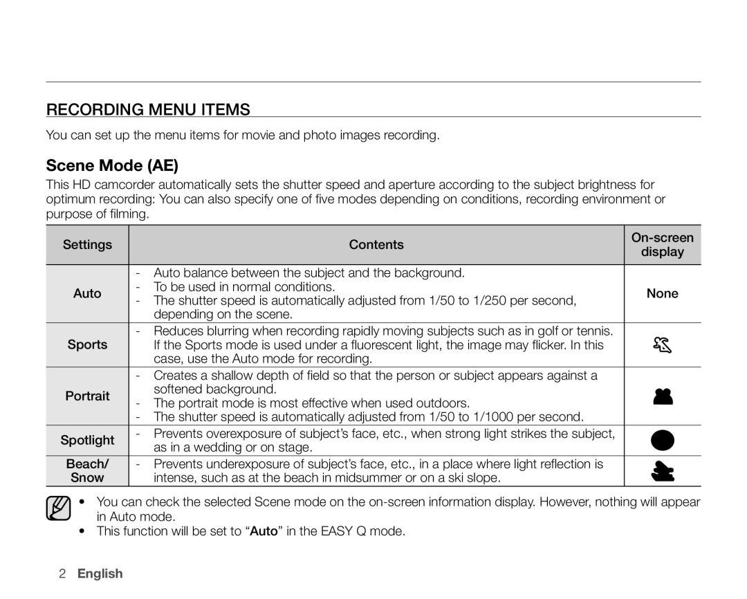 Samsung VP-HMX10ED, VP-HMX10CN, VP-HMX10A, VP-HMX10N user manual Recording Menu Items, Scene Mode AE 