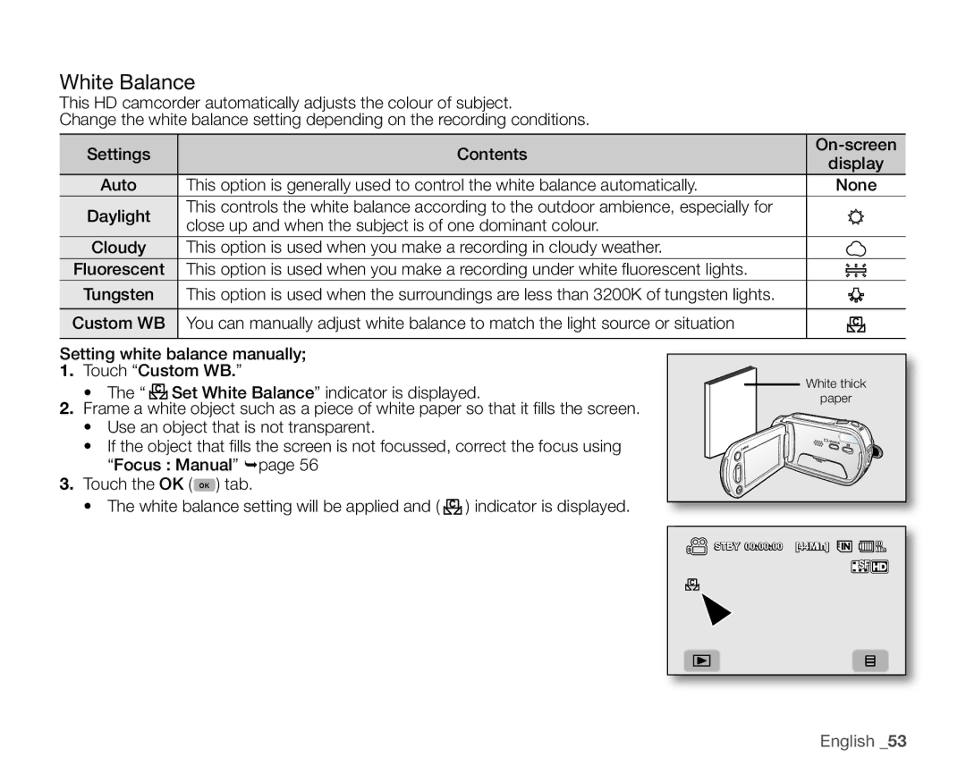 Samsung VP-HMX10ED, VP-HMX10CN, VP-HMX10A, VP-HMX10N user manual White Balance 