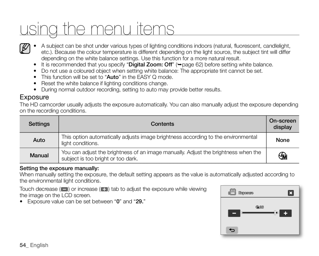 Samsung VP-HMX10CN, VP-HMX10ED, VP-HMX10A, VP-HMX10N user manual Exposure 