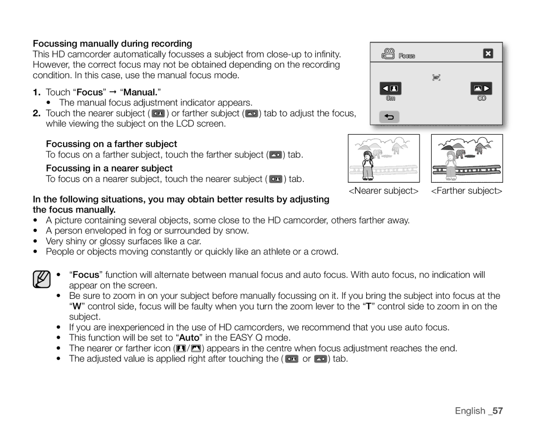 Samsung VP-HMX10N, VP-HMX10ED, VP-HMX10CN, VP-HMX10A user manual Manual focus adjustment indicator appears 