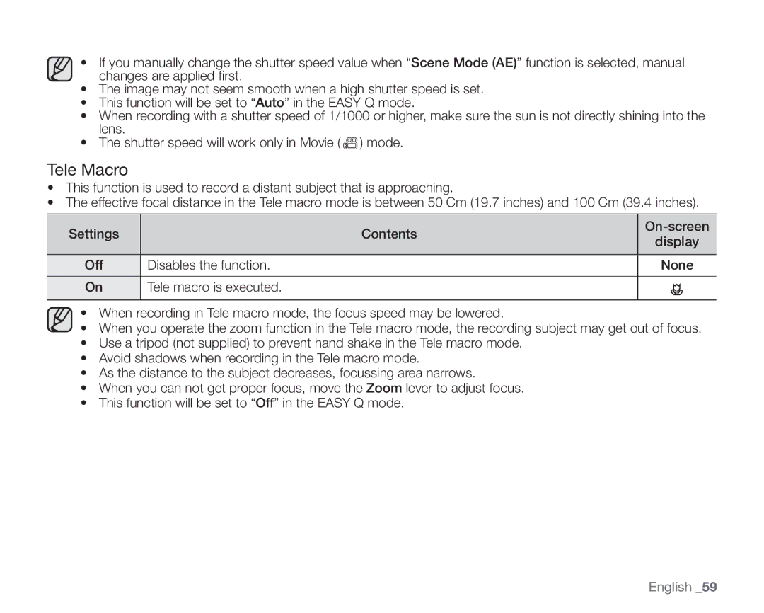 Samsung VP-HMX10ED, VP-HMX10CN, VP-HMX10A, VP-HMX10N user manual Tele Macro, Tele macro is executed 