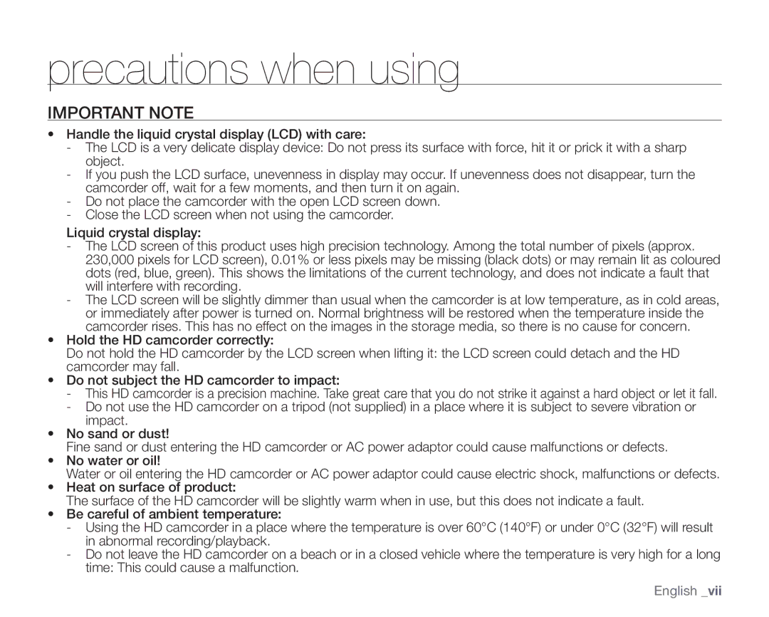 Samsung VP-HMX10ED, VP-HMX10CN, VP-HMX10A, VP-HMX10N user manual Precautions when using, Important Note 