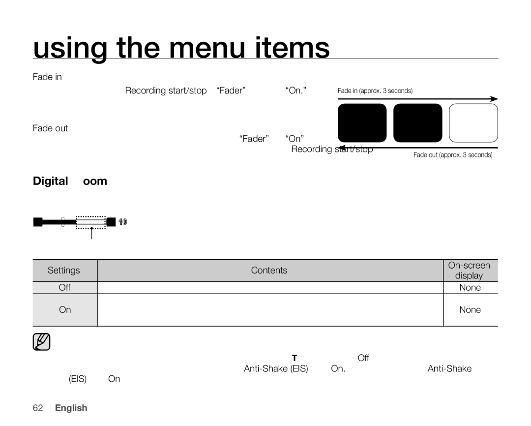 Samsung VP-HMX10A, VP-HMX10ED, VP-HMX10CN, VP-HMX10N user manual Digital Zoom, Settings Contents 