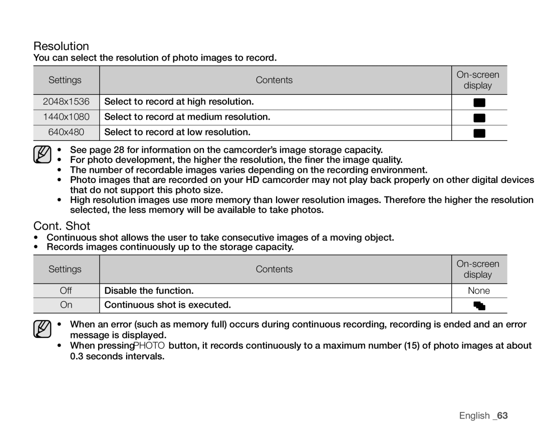 Samsung VP-HMX10N, VP-HMX10ED, VP-HMX10CN, VP-HMX10A user manual Resolution, Cont. Shot 