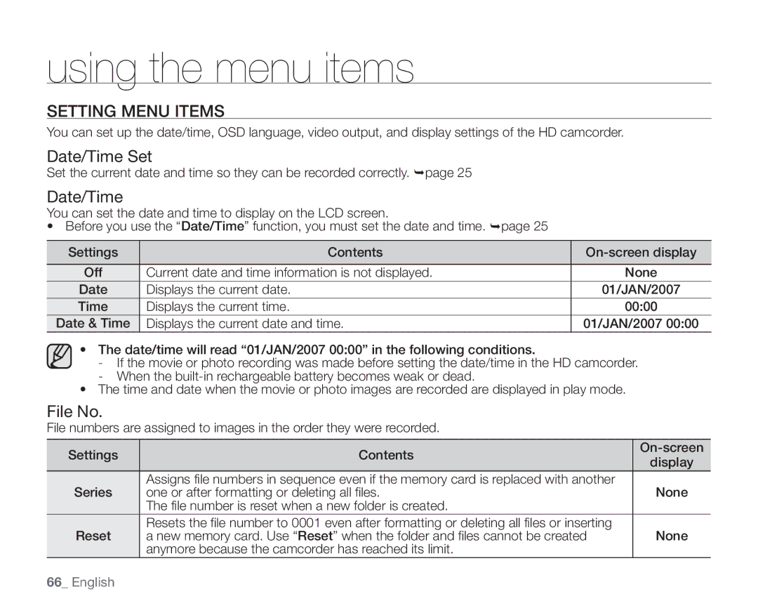 Samsung VP-HMX10CN, VP-HMX10ED, VP-HMX10A, VP-HMX10N user manual Setting Menu Items, Date/Time Set, File No 