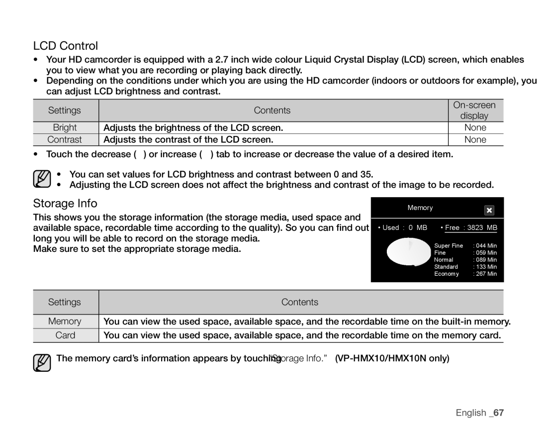 Samsung VP-HMX10ED, VP-HMX10CN, VP-HMX10A, VP-HMX10N user manual LCD Control, Storage Info, Settings Contents Memory 