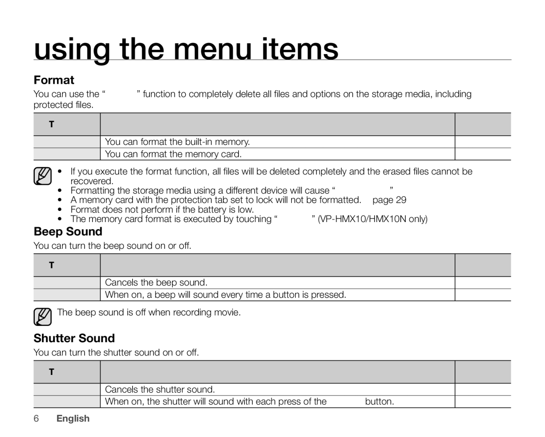 Samsung VP-HMX10A, VP-HMX10ED, VP-HMX10CN, VP-HMX10N user manual Format, Beep Sound, Shutter Sound 