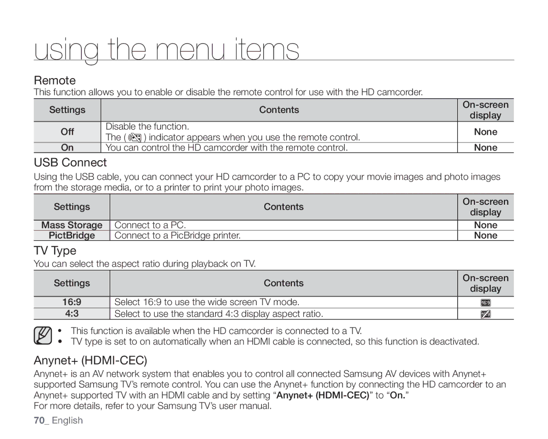 Samsung VP-HMX10ED, VP-HMX10CN, VP-HMX10A, VP-HMX10N user manual Remote, USB Connect, TV Type, Anynet+ HDMI-CEC 