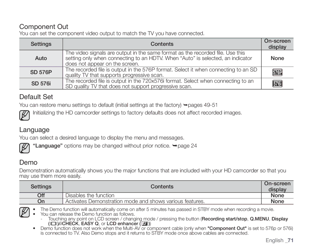 Samsung VP-HMX10ED, VP-HMX10CN, VP-HMX10A, VP-HMX10N user manual Component Out, Default Set, Language, Demo 