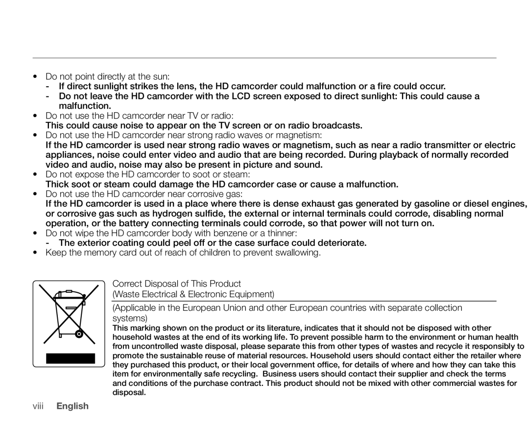 Samsung VP-HMX10CN, VP-HMX10ED, VP-HMX10A, VP-HMX10N user manual Viii English 